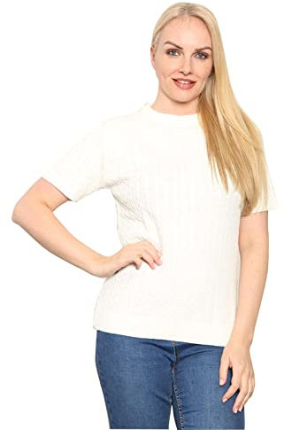 WearAll Women's Short Sleeve Chunky Cable Knitted Jumper - Ladies Oversized Crew Neck Loose Sweater Top Cream Plus Size 16-18