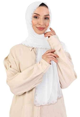 DAMILY Hijab Kopftuch Für Damen, Lang Muslim Hijab Frauen, 180 * 70Cm Kopftuch Stoff Seidenweiche Islamische Kopftücher für Muslimische Frauen (Weiße Stickerei)