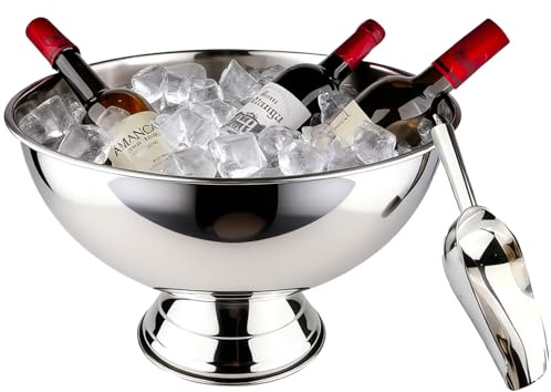 Large Ice Bucket 13L Stainless Steel Champagne Bowl Ice Bucket with Ice Scoop Semicircle Drink Tub with Integrated Base Silver Beverage Tub for Parties, Cocktail Bar, Chilling Wine (1 Pack-Silver)