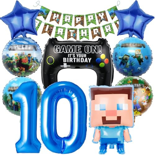 Pixel Luftballon Geburtstagsdeko 10 Jahre, 10 Stück Miner Gamer Kindergeburtstag Jungen 10, 10. Geburtstag Jungen Folienballon Spiel Gamer Luftballon Deko Geburtstag Party Deko Luftballon
