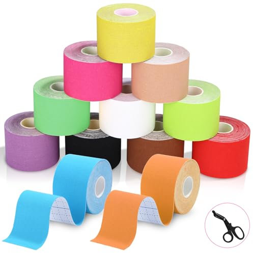 TIDEVAN 12 Rollen Kinesiotapes, Kinesiologie Tape(5cm x 5m) Sporttape, Wasserfestes & Hautfreundliche Sport Tape Set mit Spezielle Schere, für Knieschmerzen, Ellenbogen und Schulter, Viele Farben
