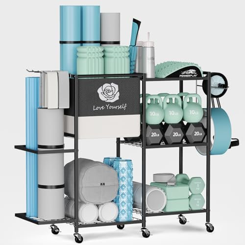 Aufbewahrungsregal für Yogamatte, Heim-Fitnessstudio, Workout-Ausrüstung, Organizer, Fitness-Gewichtsregal auf Rädern für Yogamatte, Yoga-Block, Schaumstoffrolle, Widerstandsband, Hantel, Kugelhantel