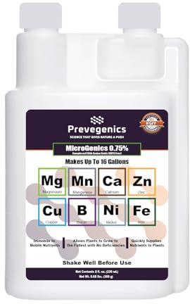 MicroGenics 0,75 % | (236,6 ml) | Contient .75 % magnésium, 75 % manganèse, 75 % zinc, 75 % cuivre, 75 % bore, 75 % nickel et 0,75 % fer | Engrais liquide | Jusqu'à 236,6 ml