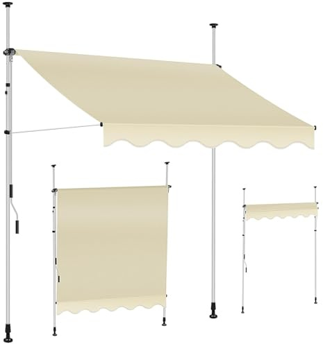 Klemmmarkise Aufrollbar Balkonmarkise, 215~310cm Höhenverstellbar, ohne Bohren, 200~400cm Breit, Regenschutz & Sichtschutz, für Garten Terrasse(Beige,250cm)
