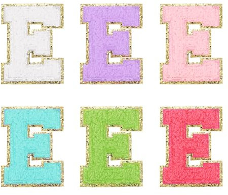 sourcing map 6Pcs Self Adhesive Chenille Letter E Patches Glitter Gold Edge Embroidered Patch Iron Applique for Clothing Bag Laptop Phone Case, Multi-Colors