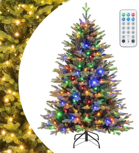 SPOTRAVEL 5FT/6FT Artificial Christmas Tree, Pre-lit Xmas Tree with Remote, 250/300 LED Lights & 844/670 Branch Tips, Holiday Decoration Tree for Home Party (5FT, without Red Berries)