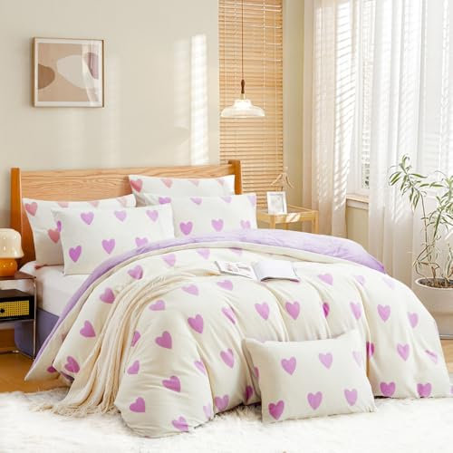 Nayoroom Winter Bettwäsche 135x200 Lila Herzen Muster Fleece Biber Bettwäsche Set 2 Teilig Weiß Cashmere Touch Warm Plüsch Bettbezug Flauschige Flanell Violett Wendebettwäsche und Kissenbezug 80x80