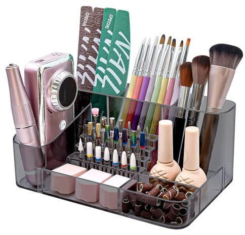 ANRUI Nail Drill Holder, 28 Holes Machine & Bits Storage Box, Acrylic Bits Holder, Professional Nail Tool Organizer - Gray