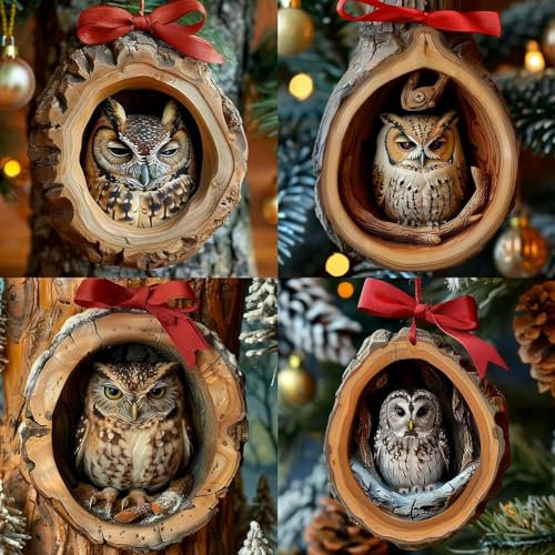 4PCS Forest Animal Decoration, Christmas Tree Animal Pattern 2D Acrylic Ornament, Owl Hanging Ornament, Seasonal Decor