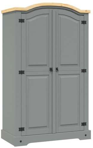 Hommdiy Kiefer Kleiderschrank Mexiko-Stil Corona 2 Türen Garderobenschrank Schlafzimmerschrank Dielenschrank Holzschrank Schrank Grau,101 x 52 x 170 cm