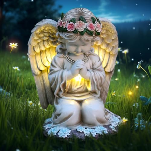 Kayuneed Solar Engel Gartenstatuen, Solar Betende Engel, Wasserdicht LED Engel Gartenfiguren, Fairy Engel Skulptur, Solar Wetterfest Grabschmuck für Deko Rasen, Hof, Terrasse, Fensterbank, Friedhof