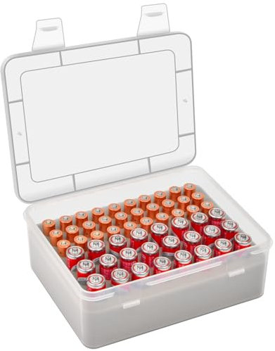 Akku Organizer Aufbewahrungsbox mit festem Schwammhalter, Praktische Garagenkoffer Halter für 24* AA, 30* AAA Batterien (nur Box)- weiß