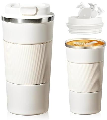 Senshuomy Travel Mug, Insulated Coffee Cup with Leakproof Lid, Reusable Coffee Cups Travel Cup, Stainless Steel thermaol Mug for Hot Cold Drinks (White/510ml)