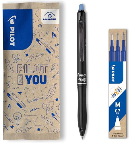 PILOT - FriXion Ball 07 Plus Set - 1 Stift + 1 Set mit 3 Minen - Radierbarer Gel-Tintenroller mit Druckmechanik - Nachfüllbar und aus recyceltem Kunststoff - Blau - Mittlere Spitze