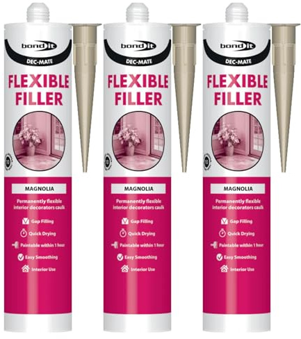 Bond It DEC-MATE Flexible Decorators Caulk – 3x Magnolia, 285ml EU3 | Quick-Drying Interior Gap Filler for Cracks & Joints – Over-Paintable Within 1 Hour | Easy Smoothing Flexible Filler Sealant