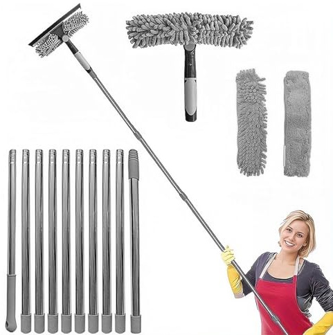 2-in-1 Fensterreiniger Staubwedel Set, 425cm Fensterwischer mit Teleskopstange, Professioneller Fensterputzer mit Verlängerungsstange und Mikrofasertuch Pads für Innen, Außen, Auto (Grau)