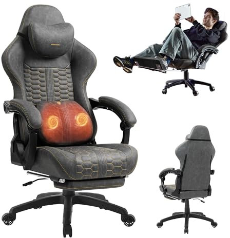 Dowinx Gaming Chair Dual-Point Massager Ergonomic Computer Chair with 360°-Swivel Footrest and Lumbar Support Heavy Duty PC Chairs with Headrest for Office, Grey