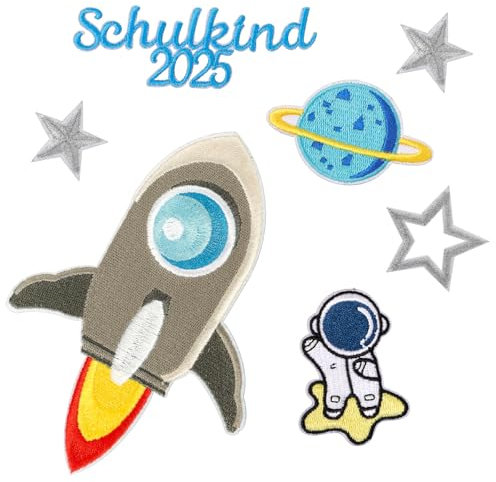 BOFUNX 7 Stücke Schultüte Aufnäher Rakete Astronaut Aufnäher Patches Bügelbild Kinder Aufbügelflicken für Schultüte Schulranzen Kleidung