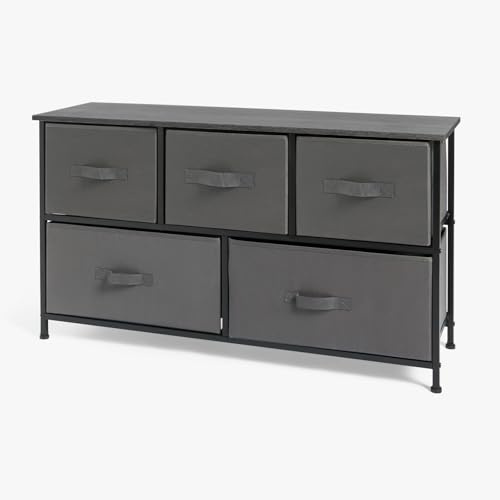 OHS Brooklyn 5 Drawer Fabric Chest of Drawers, Canvas Drawers Storage Organizer Unit with Sturdy Frame & Wooden Top Dresser Drawer for Bedroom Living Room Closet, Grey