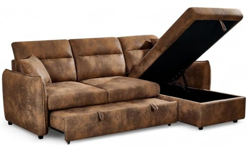3 Seater Pull Out Sofa Bed with Storage Chaise BROWN ARCHIE - Durable Faux Leather Right Hand Corner Sofa for Living Room - L Shaped Couch - 200 x 140 Sleeping Area, Solid Wood Frame, Accent Cushions