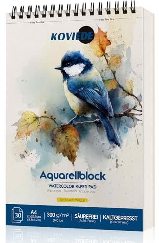 KOVIEDE Aquarellpapier A4, 30 Blätter Spiral gebunden Aquarellblock 300g | 100% Baumwolle, Kaltgepresst, Säurefrei Aquarell Skizzenbuch, Künstler‑Qualität, ideal für zum Malen und Zeichnen, Blau