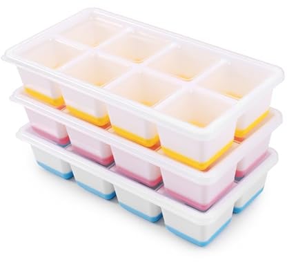 3 Pack de Grands Moules à Glaçons en Silicone avec Couvercle, Bac à Glaçons Empilable, Forme de Glaçons Sûre et Saine pour Cocktail, Whisky, Café (Bleu+Rose+Jaune)