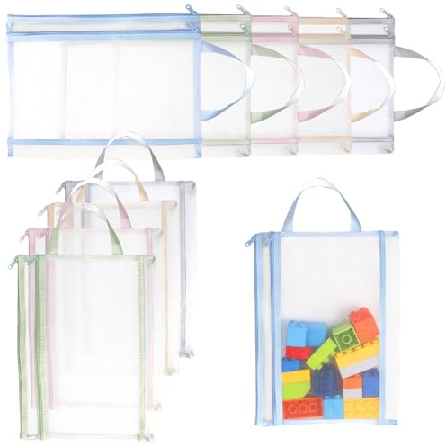 10 A4 Farbige Spielzeug Aufbewahrungstasche Tragbarer Reißverschlussbeutel | Tragbarer Reißverschlussbeutel mit Tragegriff, Doppelschicht Mesh Spielzeug Aufbewahrung, für Lego, Badespielzeug, Puzzle