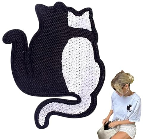 Black White Cat Embroidery Patch, Cute Animal Iron On Patch for Clothing, Sew On Cat Applique for Bags Jackets DIY Accessories
