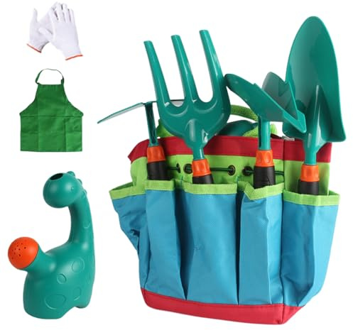 Kinder Gartenwerkzeug Set mit Dinosaurier Gießkanne, 8-teiliges Gartenset für Kinder inkl. Schaufel, Rechen, Gartenschürze, Handschuhe & Tasche, Outdoor Lernspielzeug Geschenk fürJungen & Mädchen