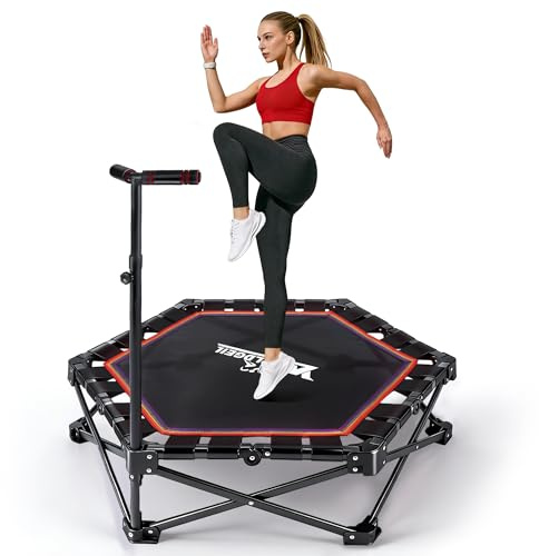 Worldgeil Trampolin Indoor Klappbar - Mini Trampolin mit Höhenverstellbarer Handgriff - Tragkraft 150 kg - Ø 86.5 cm - Jumping Trampolin Fitness für Erwachsene & Kinder - Sport Geräte für Zuhause