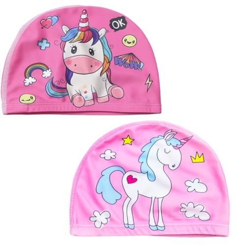 LAKPYN 2 Pezzi Cappello da Nuoto Rosa per Bambine, Cuffia Piscina Bambina, Motivo Unicorno, Taglia Versatile per Ragazze 1-12 Anni