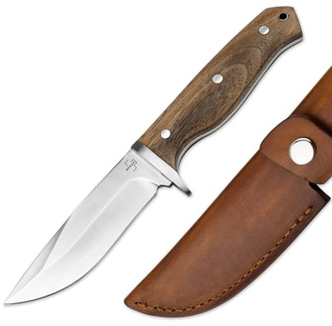 BÖKER PLUS® Walnut Drop Fahrtenmesser - feststehendes Bushcraft Messer mit 14C28N Sandvik Stahl unter 12 cm - Full Tang Outdoor & Jagdmesser extra scharf mit Holzgriff, Lederscheide & Parierelement