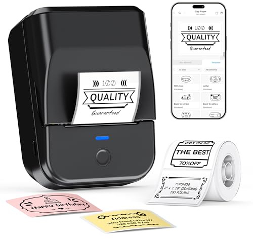 TYPONOS PM240 Bluetooth Etikettendrucker,Label Printer mit 1 Rolle,Schwarz | 2 Inch Tintenfrei Etikettiergerät, 1500mAh Akku Label Printer, Multi-Device Kompatibel für Geschäft Büro Schule Heim DIY