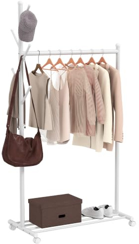 HOMCOM Appendiabiti da Terra con Ruote, 86x43x171 cm, Bianco | Stender per Abiti, 5 Ganci, Ripiano Inferiore Porta Scarpe, in Metallo, Portata 9 kg, per Camera, Ingresso e Corridoio
