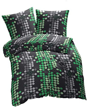 etérea Microfaser Bettwäsche Pin Point 200x200 3er Set - Bügelfrei mit Reißverschluß - nach Oekotex 100 - Bettbezug mit Kissenbezug - 200 x 200 + 2er Set 80 x 80 cm - Grün Grau