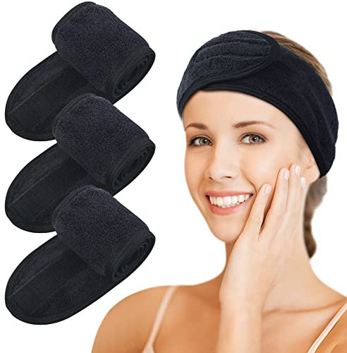 KinHwa Kosmetik Stirnband Frottee,Kosmetik Mikrofaser Haarband, Haarschutzband mit Klettverschluss für kosmetische Behandlungen, Haarschutz bei Schminken, Sport, Yoga, waschbar 3 Stück Schwarz