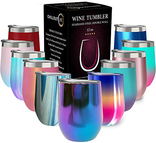 CHILLOUT LIFE Edelstahlbecher mit Deckel, doppelwandig, vakuumisoliert, Reisebecher für Kaffee, Wein, Cocktails, Eis, 340 ml