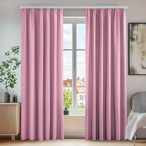 Deconovo Cortinas térmicas Opacas con Cinta Fruncida, 260 x 140 cm (Altura x Ancho), Color Rosa