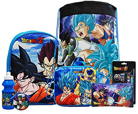 simpahome Dragon Ball Z 7PC Back to School Bundle - inc 3D Backpack, Drawstring Sports Bag, 3D Insulated Lunch Bag, Water Bottle, Coin Pouch, Pencil Case & Stationery Set.