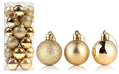 Weihnachtskugeln Weihnachtsdeko Set 24 STK in 8cm, Kunststoff Weihnachtsbaumkugeln Box mit Aufhänger Christbaumkugeln Plastik Bruchsicher, Weihnachts Weihnachtsdekorationen (Gold, 8cm)