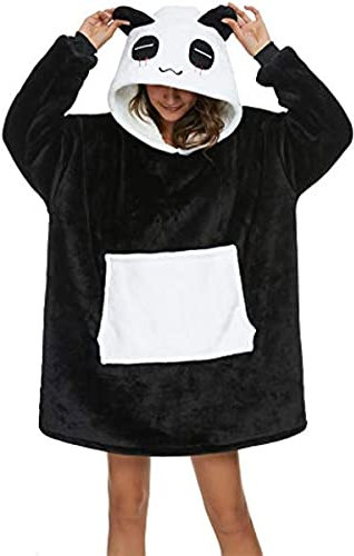 LATH.PIN Panda Übergroße Decken-Hoodie Flanell mit Kapuze Pulloverdecke Sweatshirt Unisex Kapuzenpullis (Schwarz, S)