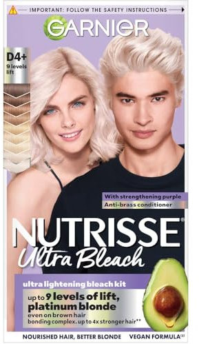 Garnier Nutrisse Ultra Bleach Permanent Hair Dye, 4X Stronger Hair, 9 levels lift, No Ammonia, Vegan (Shade: D4+ Platinum Blonde)
