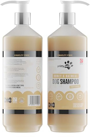 Oatmeal Dog Shampoo PRITTY PETS 1 LITRE Oatmeal Shampoo for Dogs - Professional PH Balanced, Cruelty Free, Silicone & Paraban Free, Puppy Friendly Dog Grooming Shampoo - Made in the UK (1L with Pump)
