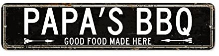 Plaque en métal « Papa's BBQ Good Food Made Here » - Plaque murale vintage en métal rustique - Décoration murale pour chambre à coucher, café, bar, bureau, garage