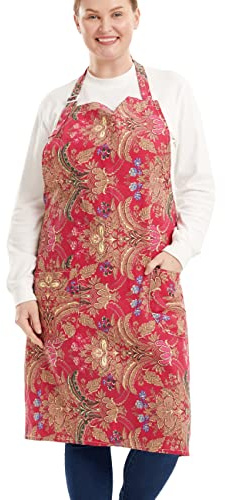 Cotton Linen Baking Plus Size Aprons for Women with Pockets Kitchen Cooking, Red Pomegranate, 2X/3X