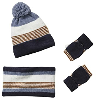VERTBAUDET Jungen Set Mütze + Snood + gestreifte Handschuhe, marine, 12-14 Jahre
