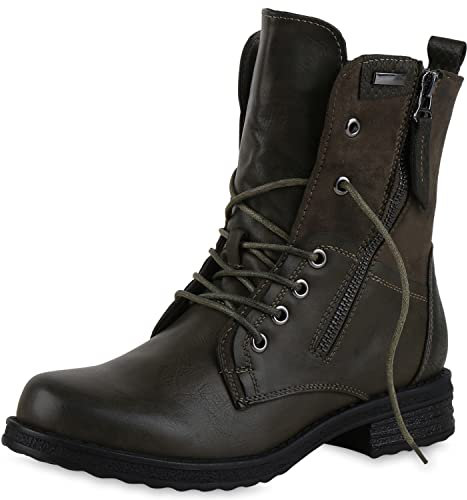 VAN HILL Damen Schnürstiefeletten Leicht Gefüttert Zipper Stiefeletten Blockabsatz Schnürer Schuhe 209191 Olivgrün Kroko 37
