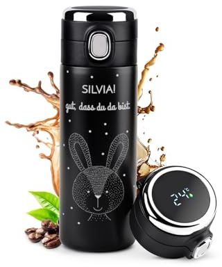 Maverton Thermobecher Kaffeebecher mit Gravur 400 ml, Trinkflasche | Auslaufsicher 100% dicht, Thermo Trinkflasche mit LED-Temperaturanzeige, Travel Mug Geschenk für Frauen, schwarz, Hase