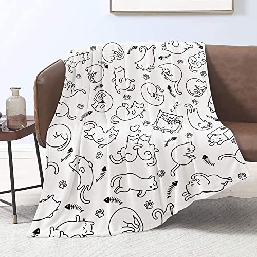 Kawaii - Manta de franela de forro polar para niños y adultos, suave, ligera, esponjosa, estampado de gato simple, blanco, 50 x 60 pulgadas