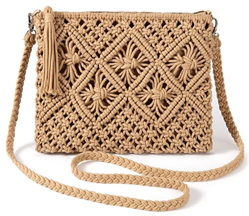 Jeesblsy Woven Shoulder Bag for Women, Summer Beach Cossbody Bag with Tassel, Cotton Crochet Small Purse Wallet Envelope Clutch Handbag for Vacation, Party, Dating (Brown)